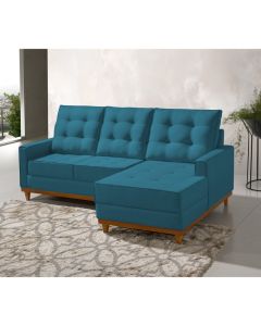 Sofá com Chaise Base Madeira Maciça Ibiza 2,10 M Veludo Azul